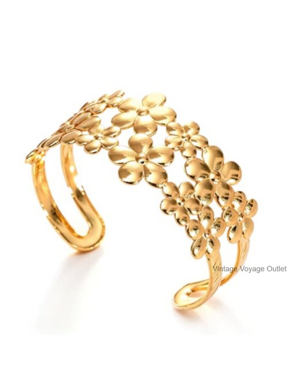 Gold Tone Floral Open Cuff Bracelet Adjustable Stainless Steel Bangle for Women